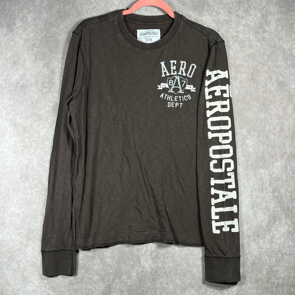 Aeropostale Shirt Mens Medium Brown Logo Long Sleeve Crew Neck Spellout Y2K 90s